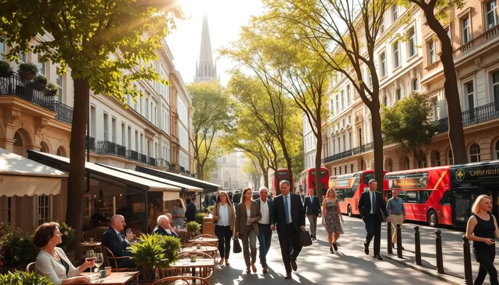 A bustling street in central London, lined with elegant Victorian townhouses and charming cafes. Sunlight filters through the leaves of towering plane trees, casting a warm glow over the outdoor dining patrons. In the foreground, a couple enjoys a leisurely lunch at a quaint bistro, sipping wine and savoring gourmet cuisine. The middle ground features smartly dressed Londoners strolling along the sidewalk, pausing to window-shop or chat with friends. In the background, the iconic spires of historic churches and the occasional double-decker bus add to the quintessential London ambiance. An atmosphere of refined sophistication and joie de vivre permeates the scene.