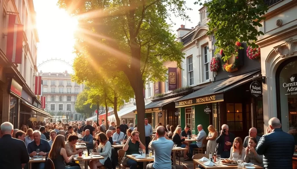 A bustling street in central London, showcasing the vibrant culinary scene. Sunlight streams through the trees, illuminating the charming facades of renowned restaurants. Tables spill out onto the sidewalk, filled with diners savoring local delicacies. In the background, iconic landmarks like Big Ben and the London Eye provide a picturesque backdrop. The atmosphere is lively and inviting, with the aroma of freshly prepared dishes wafting through the air. Photographers capture the scene, documenting the unique character of this gastronomic hub. The image conveys the sense of discovery and delight that awaits those seeking to immerse themselves in London's acclaimed local-cuisine dining experience.