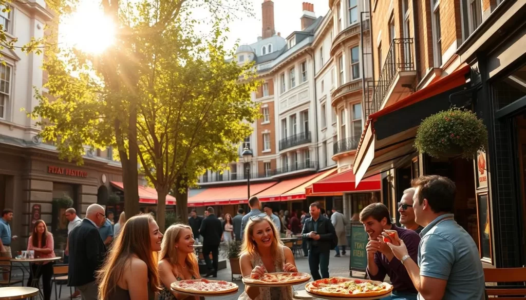 A bustling street in central London, with a row of charming pizzerias lining the sidewalk. Warm, golden sunlight filters through the trees, casting a cozy glow over the scene. Vibrant awnings and inviting outdoor seating areas beckon passersby to stop and indulge in the city's acclaimed pizza offerings. In the foreground, a group of friends laughs and converses over steaming slices, while in the background, the iconic architecture of London's historic buildings adds to the lively atmosphere. The image captures the essence of London's pizza culture - a delightful blend of delicious food, lively energy, and timeless urban charm.