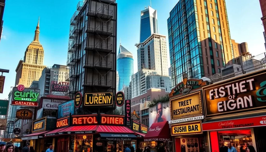 A bustling street in downtown New York City, featuring a diverse array of quirky and unique restaurants. In the foreground, neon signs and eye-catching window displays lure passersby. The middle ground showcases a mix of local eateries, from a retro diner to a sleek sushi bar, each with its own distinct character. In the background, the iconic skyscrapers of Manhattan create a striking skyline, bathed in warm, golden afternoon light. The overall atmosphere is one of excitement and curiosity, inviting the viewer to explore the hidden culinary gems of this vibrant urban landscape.