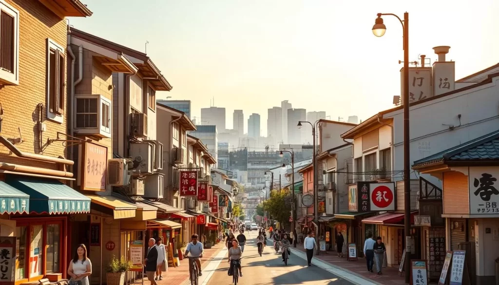 A bustling street in the Itabashi-ku district of Tokyo, Japan, bathed in warm sunlight. Rows of charming low-rise buildings line the sidewalks, their facades adorned with colorful signage and traditional architectural details. Pedestrians and cyclists navigate the lively scene, adding to the vibrant energy of the neighborhood. In the distance, the silhouettes of towering skyscrapers dot the horizon, creating a dynamic contrast between the old and new. The image captures the essence of Itabashi-ku - a hidden gem within the sprawling metropolis, where traditional Japanese culture and modern urban life coexist in perfect harmony.