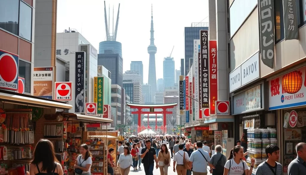 A bustling street in the Shibuya district of Tokyo, Japan, on a sunny day. In the foreground, customers browse an assortment of traditional Japanese souvenirs, electronics, and fashion accessories in vibrant stalls. The middle ground showcases the iconic Shibuya Crossing, with pedestrians navigating the intersection amid the neon-lit skyscrapers. In the background, the towering silhouettes of Tokyo's modern architecture stand in contrast to the historic shrines and temples scattered throughout the cityscape. Warm natural lighting illuminates the scene, capturing the energy and dynamism of shopping in this iconic Japanese metropolis.