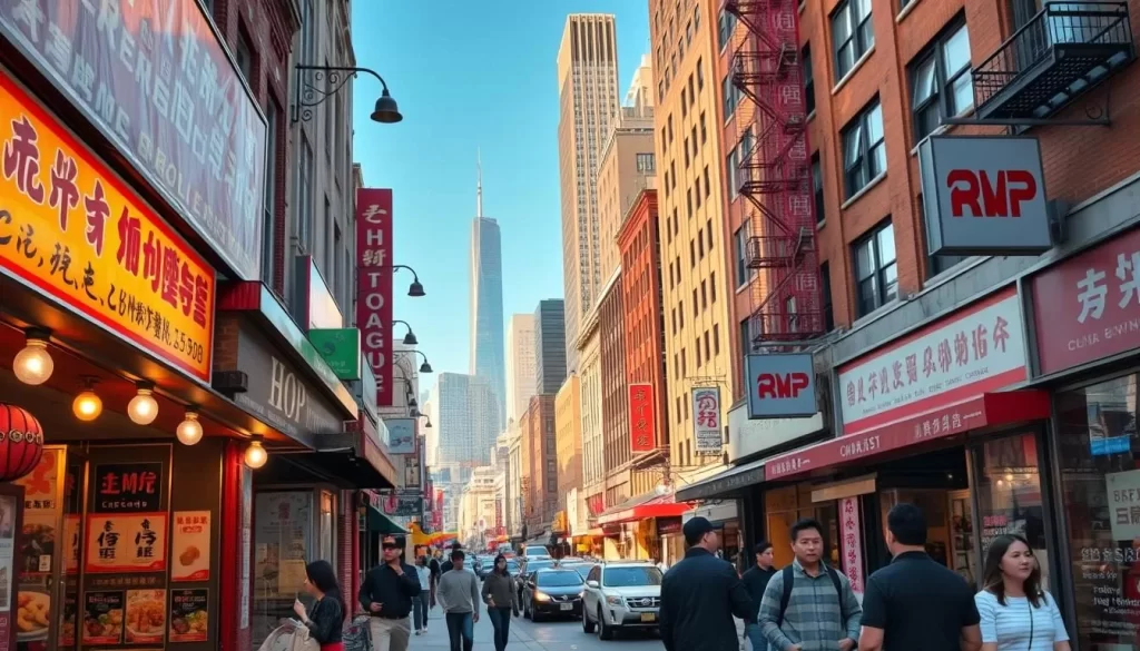A bustling street in the heart of Chicago's Chinatown, lined with vibrant storefronts and the enticing aromas of authentic Chinese cuisine. In the foreground, a family-owned restaurant showcases its colorful menu, with steaming dishes of Kung Pao chicken, crispy pork dumplings, and fragrant vegetable stir-fries. The middle ground features passersby taking in the lively atmosphere, while the background reveals the iconic skyline of the city, bathed in warm, golden afternoon light. The scene conveys the rich diversity and culinary heritage of the Chinese community in Chicago, inviting the viewer to explore and savor the flavors of this dynamic neighborhood.