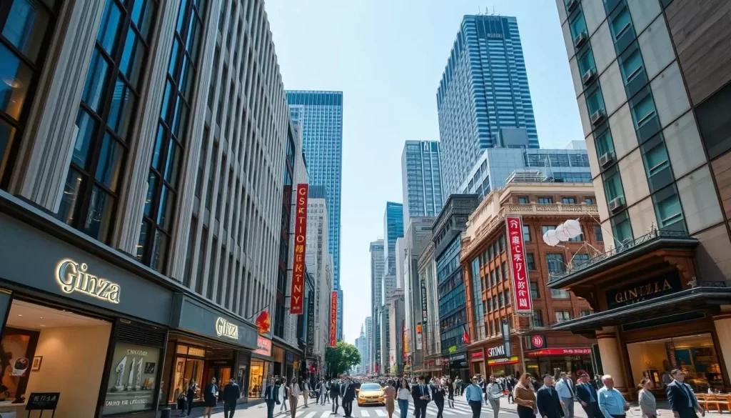A bustling street in the heart of Ginza, Tokyo's renowned upscale shopping district. Elegant high-rise buildings and neon-lit storefronts line the wide sidewalks, where well-dressed pedestrians stroll beneath a bright, azure sky. In the foreground, a mix of luxury boutiques, chic cafes, and traditional Japanese shops invite exploration. The middle ground features a sleek, modern architecture intermixed with historic buildings, while the background is dominated by the towering skyscrapers that define the district's iconic skyline. Capture the district's vibrant energy, glamorous aesthetic, and perfect balance of old and new through a cinematic, wide-angle lens.