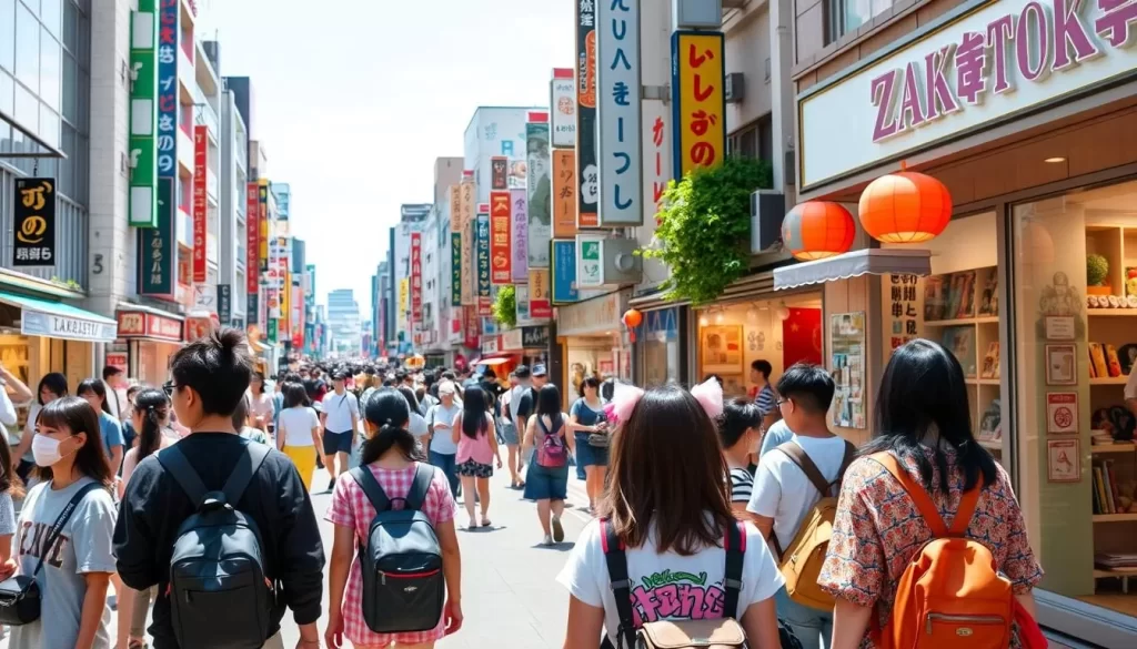 A bustling street in the heart of Harajuku, Tokyo, on a bright and sunny day. In the foreground, a group of fashionable young people showcase the vibrant, eclectic Harajuku style - mix-and-match outfits, bold colors, and unique accessories. In the middle ground, charming boutiques and vintage shops line the sidewalks, their windows displaying the latest trends. In the background, the iconic Takeshita Street is alive with activity, pedestrians weaving through the lively crowd. Soft, diffused lighting illuminates the scene, casting a warm, inviting glow. Capture the energy, creativity, and youthful spirit that defines Harajuku, the epicenter of Tokyo's fashion and cultural revolution.
