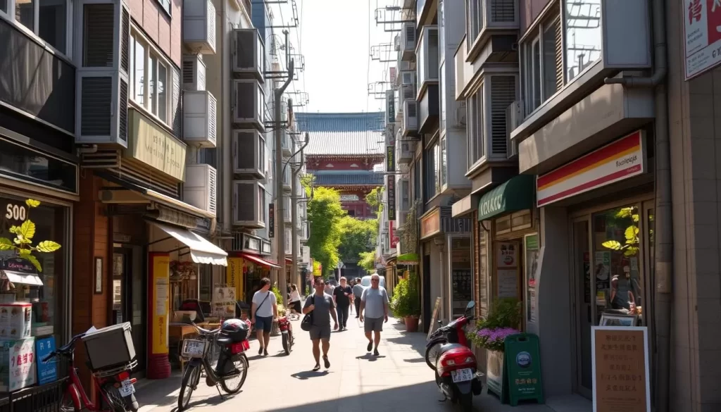 A bustling street in the heart of Katsushika-ku, Tokyo, bathed in warm afternoon sunlight. Quaint shops and restaurants line the narrow sidewalks, their vibrant facades reflected in the windows. Pedestrians meander casually, weaving between parked bicycles and the occasional delivery scooter. In the distance, a traditional temple peeks out from lush greenery, its ornate rooftops contrasting with the modern architecture. The scene exudes a sense of timeless charm, inviting the viewer to explore the hidden gems that lie off the beaten path in this vibrant Tokyo neighborhood.