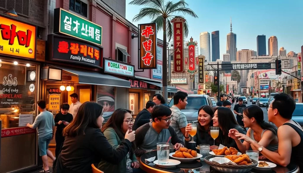 A bustling street in the heart of Koreatown, Los Angeles, where the aroma of sizzling barbecue and the lively chatter of diners fill the air. In the foreground, a group of friends gather around a table, sharing plates of steaming Korean fried chicken and sipping on refreshing soju cocktails. The middle ground showcases the vibrant facades of family-owned restaurants, their neon signs and colorful banners beckoning passersby. In the background, the iconic skyline of Los Angeles rises, bathed in the warm glow of the afternoon sun. The scene is a harmonious blend of contemporary and traditional elements, capturing the essence of the thriving Korean culinary scene that has made this neighborhood a beloved destination for food enthusiasts.