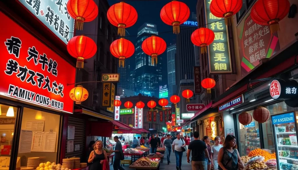A bustling street in the heart of Los Angeles' Chinatown, with vibrant red lanterns illuminating the scene. In the foreground, a family-owned dim sum restaurant invites passersby with the enticing aromas of freshly steamed dumplings and fragrant tea. In the middle ground, vendors peddle an array of fresh produce, dried spices, and exotic fruits, creating a vibrant tapestry of colors and textures. In the background, towering skyscrapers and neon signs reflect the dynamic fusion of traditional and modern elements that define the city's Chinese culinary landscape. Soft, warm lighting casts a cozy, welcoming atmosphere, capturing the essence of the rich and diverse Chinese cuisine found throughout Los Angeles.