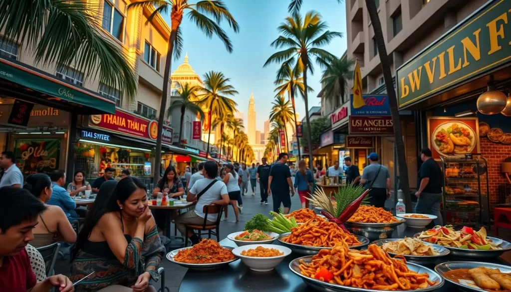 A bustling street in the heart of Los Angeles, adorned with vibrant Thai restaurants and street stalls. In the foreground, a table laden with aromatic dishes - fragrant curries, sizzling stir-fries, and colorful salads. Diners enjoy their meals under the warm, golden light filtering through the palm trees. The middle ground showcases the lively atmosphere, with servers hurrying between tables and locals engaged in animated conversations. In the background, the iconic skyline of Los Angeles rises, a testament to the city's diverse culinary scene. Capture the essence of the Thai food experience in this cosmopolitan setting, with a soft, inviting mood and a sense of energy and movement.