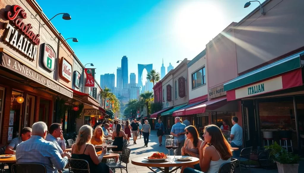 A bustling street in the heart of Los Angeles, lined with charming Italian eateries. The sun casts a warm glow, illuminating the vibrant facades and inviting al fresco dining areas. In the foreground, a group of friends enjoys a lively conversation over plates of authentic pasta and glasses of robust red wine. The middle ground showcases the diverse array of restaurants, each with its own unique character and culinary specialties. In the background, the iconic skyline of LA rises, a testament to the city's cosmopolitan flair. An atmosphere of convivial energy and gustatory delight pervades the scene, capturing the essence of LA's celebrated Italian restaurant culture.