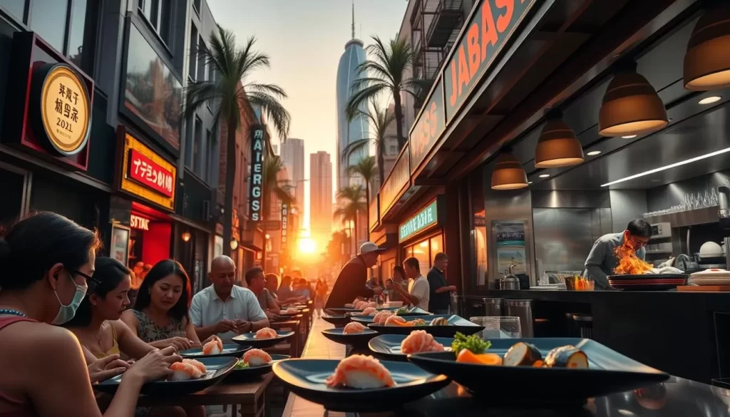 A bustling street in the heart of Los Angeles, lined with vibrant Japanese restaurants. In the foreground, a group of diners enjoying a traditional multi-course meal, delicate sushi and sashimi artfully presented on sleek black plates. The middle ground showcases the lively atmosphere, with chefs skillfully preparing dishes behind the counter, the tantalizing aroma of sizzling meats and fragrant spices filling the air. In the background, the iconic Los Angeles skyline stands tall, bathed in the warm glow of the setting sun, creating a serene and inviting ambiance. Capture the essence of LA's diverse Japanese culinary scene with natural lighting, a wide-angle lens, and a sense of depth and detail.