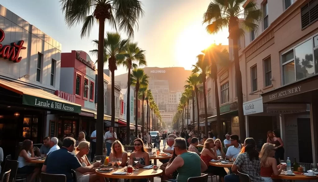 A bustling street in the heart of Los Angeles, lined with vibrant cafes, trendy restaurants, and lively patrons enjoying the local cuisine. In the foreground, a group of friends dining al fresco, savoring gourmet dishes and sipping craft cocktails against the backdrop of a stunning cityscape. Warm, golden sunlight filters through the palm trees, casting a soft glow over the scene. The middle ground showcases the diverse architectural styles of the buildings, from sleek modern designs to charming historic facades. In the distance, the iconic Hollywood Hills rise up, providing a picturesque backdrop to this lively culinary destination.