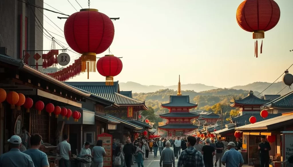 A bustling street in the heart of Nara, Japan, adorned with colorful paper lanterns and traditional banners. In the foreground, locals prepare for the upcoming festival, meticulously arranging decorations and food stalls. The middle ground showcases ornate temples and shrines, their roofs gleaming in the warm sunlight. In the background, rolling hills and lush greenery provide a tranquil backdrop, hinting at the serene natural beauty that surrounds the vibrant festival preparations. The scene is bathed in a soft, golden glow, reflecting the joyous anticipation of the upcoming celebration. Capture the essence of Nara's rich cultural heritage and the excitement of festival preparations through this evocative, cinematic composition.