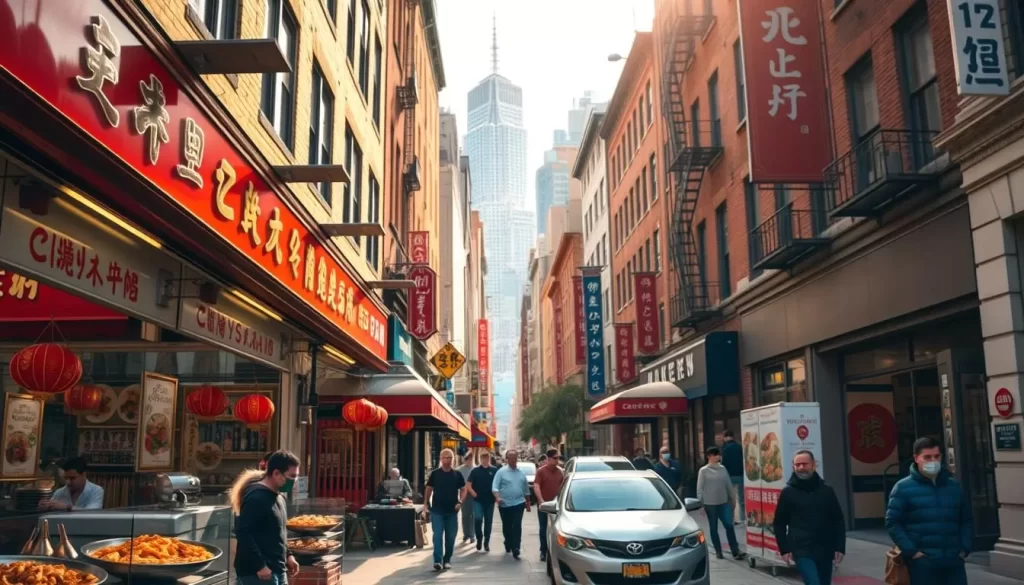 A bustling street in the heart of New York City's Chinatown, vibrant with the aromas of sizzling woks and the lively chatter of locals. In the foreground, a colorful array of traditional Chinese dishes adorn the window displays of a renowned restaurant, enticing passersby. The middle ground features a mix of modern architecture and historic buildings, reflecting the rich heritage of the neighborhood. In the background, the iconic New York skyline rises, a testament to the city's dynamic fusion of cultures. Warm afternoon sunlight filters through the scene, casting a golden glow and creating a welcoming atmosphere. Capture the essence of the rich history and contemporary charm of Chinese cuisine in the heart of the Big Apple.