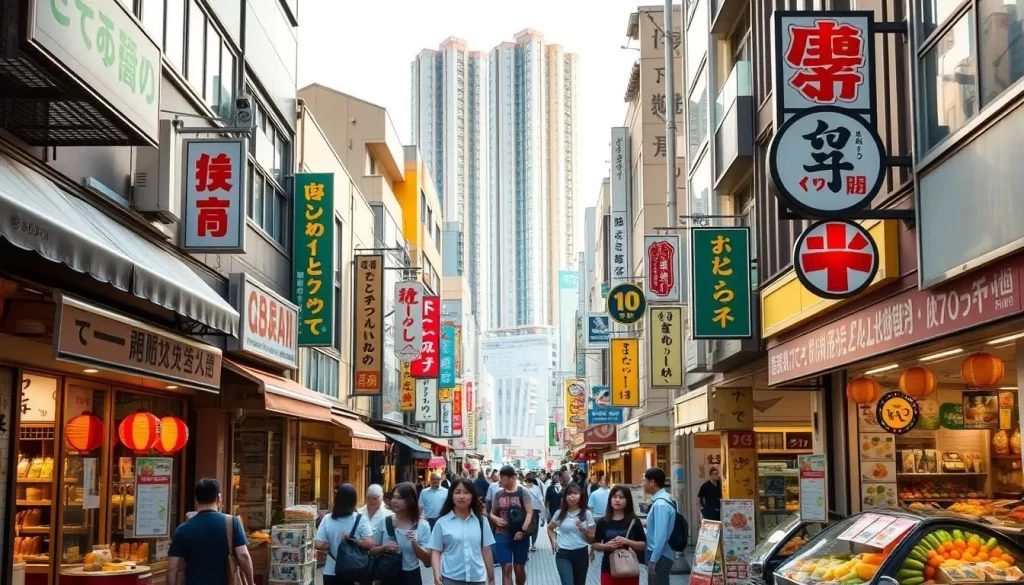 A bustling street in the heart of Toshima-ku, Tokyo, bathed in warm afternoon sunlight. Charming shopfronts and eateries line the sidewalks, their facades adorned with vibrant signs and lanterns. The aroma of sizzling yakisoba, savory okonomiyaki, and freshly brewed green tea wafts through the air, enticing passersby. In the distance, the iconic architecture of Ikebukuro's skyscrapers rises, framing the scene. A group of locals and tourists meander, admiring the vibrant displays of fresh produce and tempting confections in the windows. The overall atmosphere is one of lively energy, inviting the viewer to immerse themselves in the culinary delights of this dynamic Tokyo neighborhood.