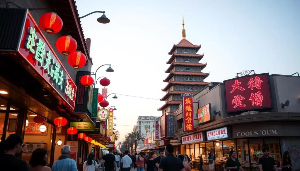 A bustling street in the heart of the San Gabriel Valley, lined with vibrant Chinese restaurants. Neon signs and red lanterns illuminate the scene, casting a warm glow. In the foreground, people stroll by, pausing to admire the enticing aromas wafting from open kitchens. The middle ground features a variety of eateries, from hole-in-the-wall dumpling houses to upscale banquet halls. In the background, a pagoda-style building stands tall, its intricate architecture a testament to the region's rich cultural heritage. The sky is clear, with a soft, diffused light that enhances the lively atmosphere. This is the epicenter of Chinese dining in Los Angeles, a testament to the vibrant and diverse culinary traditions of the San Gabriel Valley.