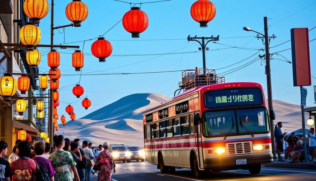 A bustling street scene during the Tottori Sand Dunes Festival, with traditional Japanese lanterns hanging overhead, casting a warm glow. In the foreground, a group of people wait patiently at a bus stop, their colorful yukatas and festival attire creating a vibrant tapestry. The middle ground features an old-fashioned, multi-passenger bus approaching, its headlights illuminating the eager faces of the passengers. In the background, the iconic sand dunes of Tottori rise majestically, their undulating shapes silhouetted against a clear, azure sky. The overall mood is one of festive anticipation, with a sense of cultural immersion and the promise of an unforgettable experience.