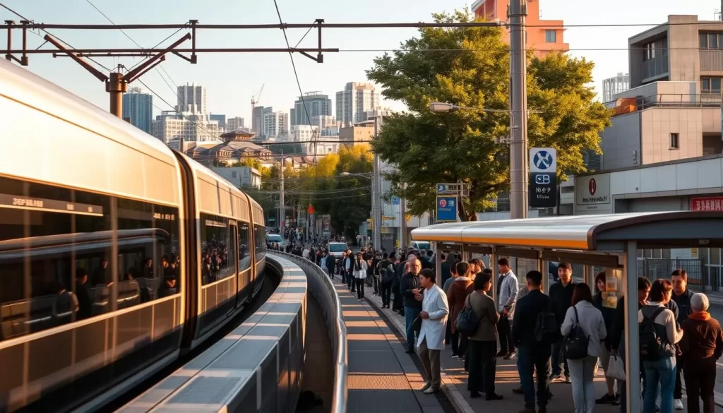 A bustling street scene in Adachi-ku, Tokyo, showcasing the diverse public transportation options. In the foreground, a sleek, modern train glides along the elevated tracks, its smooth lines and reflective surface capturing the sunlight. In the middle ground, a crowd of commuters waits at a well-designed bus stop, their silhouettes hinting at the vibrant energy of the neighborhood. In the background, the skyline is dotted with a mix of traditional and contemporary architecture, suggesting the unique blend of old and new that defines Adachi-ku. The scene is bathed in warm, golden hues, creating a sense of tranquility and comfort. The overall composition conveys the efficient and accessible nature of Adachi-ku's public transportation network, making it an ideal location for exploration and discovery.