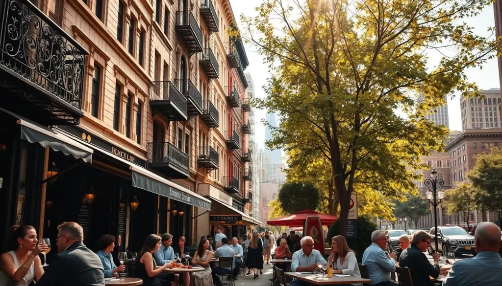 A bustling street scene in New York City's SoHo district, where French bistros and cafes line the sidewalks. In the foreground, diners enjoy alfresco dining, sipping on glasses of wine and savoring classic French dishes. The middle ground features intricately detailed facades of historic buildings, with wrought-iron balconies and ornate architectural elements. In the background, the iconic skyline of Manhattan rises, a testament to the city's enduring culinary legacy. Warm, golden sunlight filters through the trees, casting a soft, inviting glow over the entire scene. The atmosphere is one of vibrant sophistication, capturing the essence of French culinary influence in the heart of New York City.