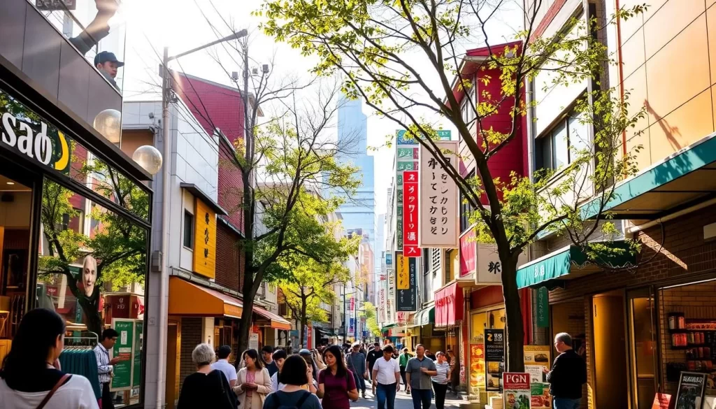 A bustling street scene in Setagaya Ward, Tokyo, showcasing the vibrant shopping experience. In the foreground, pedestrians leisurely browse store windows, their reflections visible in the glass. Warm sunlight filters through the trees, casting a soft glow over the charming mix of modern and traditional architecture. In the middle ground, colorful awnings and signage beckon shoppers to explore the eclectic array of boutiques, cafes, and specialty stores. The background is framed by the iconic Tokyo skyline, hinting at the larger urban context. The overall atmosphere is one of relaxed exploration, where the sights, sounds, and aromas of the neighborhood come together to create a unique and immersive shopping experience.