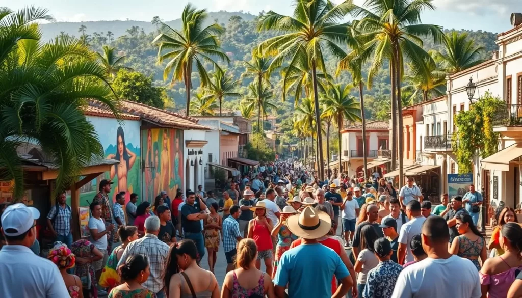 A bustling street scene in a vibrant Salvadoran town, capturing the essence of the country's rich arts and cultural heritage. In the foreground, artisans and performers showcase their handcrafted wares and traditional dances, drawing in a captivated crowd. The middle ground features colorful murals and lively street performers, while the background is dotted with colonial-style buildings and towering palm trees, bathed in warm, golden sunlight. The atmosphere is one of joyous celebration, showcasing the vibrant and soulful spirit of Salvadoran culture.