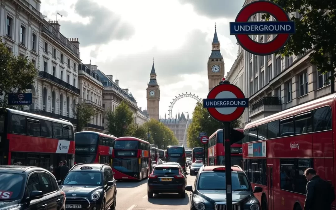 A bustling street scene in central London, with iconic double-decker buses, black cabs, and pedestrians navigating the lively urban landscape. Sunlight filters through the clouds, casting a warm glow over the historic buildings and modern infrastructure. In the foreground, a red London Underground sign directs commuters towards the city's efficient subway system. Elegant Georgian townhouses line the middle ground, while the distant skyline is punctuated by the towering spires of Big Ben and the London Eye. The overall atmosphere conveys the vibrant, efficient, and accessible nature of London's renowned public transportation network.