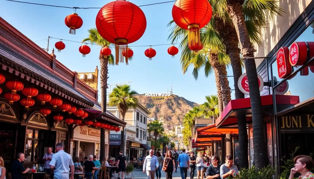 A bustling street scene in the heart of Los Angeles' Chinatown, where vibrant red lanterns sway overhead and the aroma of sizzling woks and freshly steamed dumplings fills the air. Elegant Chinese restaurants with ornate facades line the sidewalks, their windows showcasing an array of delectable dishes. People of diverse backgrounds dine alfresco, enjoying the lively atmosphere and the city's diverse culinary offerings. In the distance, the iconic Hollywood sign stands as a reminder of Los Angeles' cultural significance. The scene is illuminated by warm, golden sunlight that filters through the palm trees, creating a welcoming and inviting atmosphere.