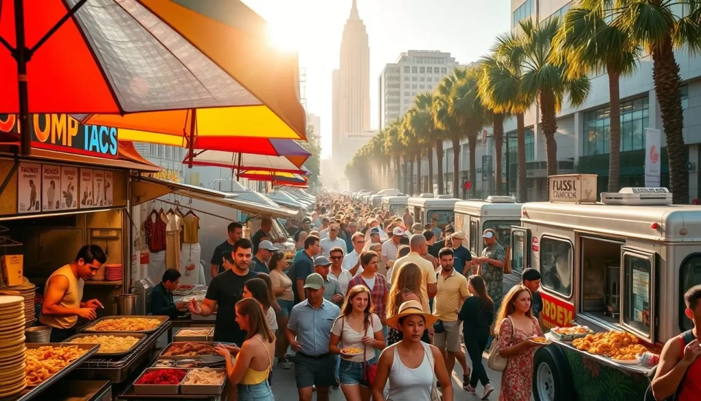A bustling street scene in the heart of Los Angeles, filled with vibrant food trucks and carts offering an array of mouthwatering street food delights. In the foreground, colorful umbrellas shade the sizzling grills where skilled vendors prepare an array of tantalizing dishes - from spicy Korean tacos to fragrant Mexican elote. In the middle ground, throngs of locals and tourists weave through the lively crowd, carrying overflowing plates of diverse culinary treasures. The background is a backdrop of towering palm trees and iconic LA architecture, bathed in warm, golden sunlight that casts a inviting glow over the entire scene. Overall, a vibrant, sensory-rich depiction of the city's vibrant street food culture.