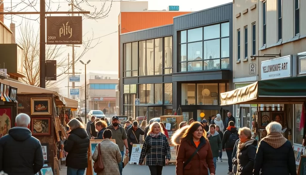 A bustling street scene in the heart of Yellowknife's vibrant art district. In the foreground, local artisans display their handcrafted wares - intricate carvings, vibrant paintings, and unique jewelry. Passersby browse the stalls, immersed in the lively atmosphere. In the middle ground, a gallery showcases Indigenous art, its large windows inviting visitors to step inside. The background features the iconic architecture of the city, with colorful buildings and the towering presence of the nearby Yellowknife River. Warm sunlight filters through, casting a golden glow over the entire scene. The overall mood is one of creativity, community, and a celebration of the unique artistic spirit of this northern Canadian city.