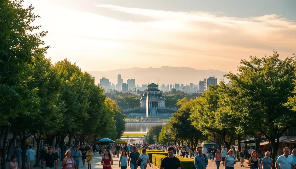 A bustling summer day in Hiroshima's city center, with vibrant street scenes and lush greenery. In the foreground, people stroll along the tree-lined sidewalks, seeking respite from the warm sun. The middle ground features the iconic Peace Memorial Park, its tranquil waters reflecting the surrounding historic buildings. In the background, the silhouettes of the Hiroshima Castle and distant mountains create a picturesque skyline. Warm, golden light filters through wispy clouds, casting a soft glow over the entire scene. Capture the energy and natural beauty of Hiroshima during the lively summer season.