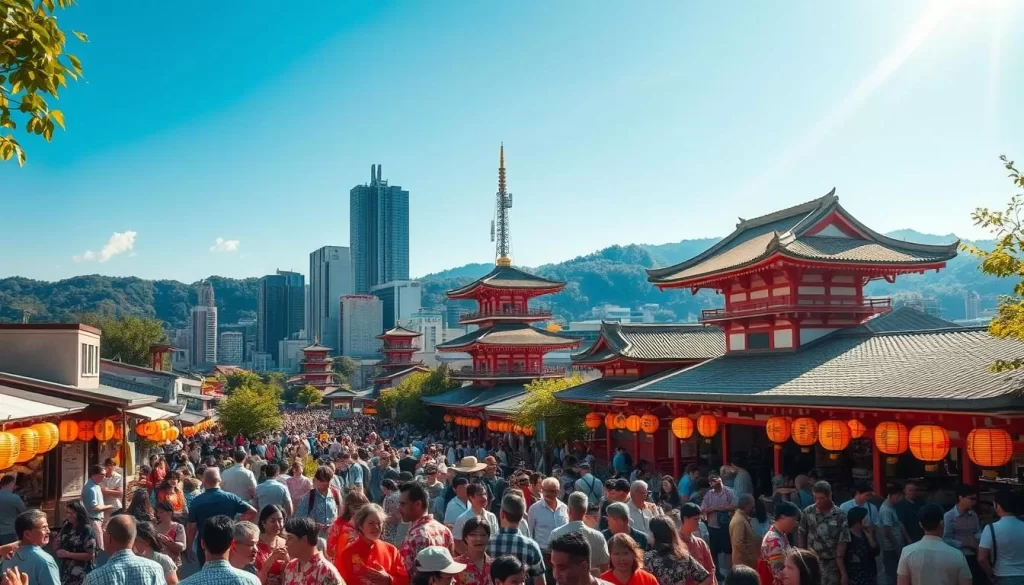 A bustling summer day in the Kantō region of Japan, capturing the essence of the season. In the vibrant foreground, a lively crowd gathers at a traditional festival, adorned in colorful yukatas and paper lanterns casting a warm glow. The middle ground showcases towering skyscrapers and ancient temples, creating a harmonious blend of old and new. In the background, rolling hills and a clear azure sky set the scene, with a gentle breeze ruffling the leaves of lush greenery. Warm sunshine filters through, illuminating the energy and excitement of the Kantō summer. Utilizing a wide-angle lens to encompass the dynamic landscape, the image conveys the heat, humidity, and celebratory atmosphere of this captivating region.