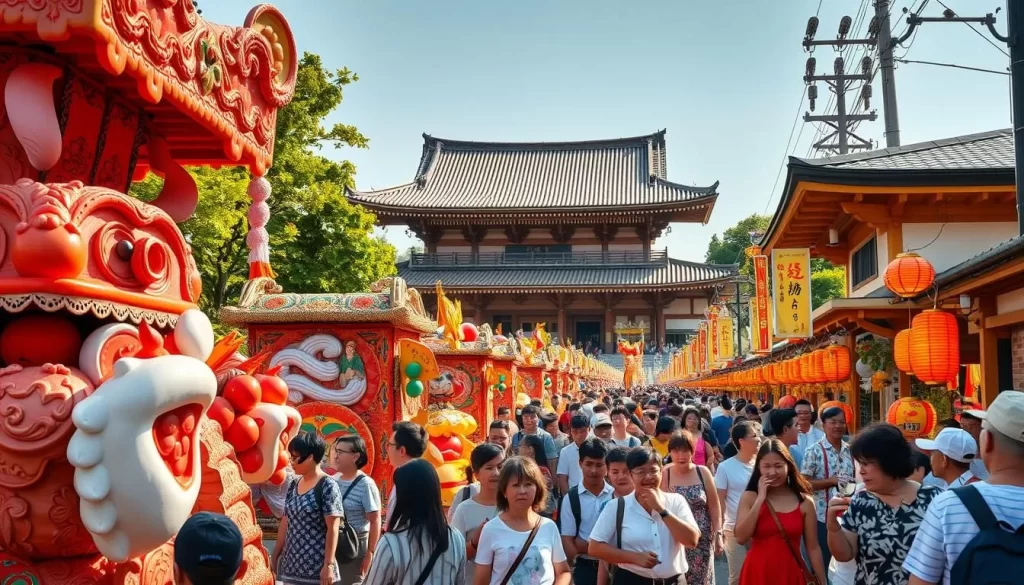A bustling summer festival in Chichibu Shrine, Saitama Prefecture, Japan. In the foreground, a colorful procession of kasaboko and yatai floats, adorned with intricate carvings and vibrant fabrics, parade through the streets. The middle ground features a throng of excited onlookers, their faces aglow with the warmth of the sun and the festive atmosphere. In the background, the ancient shrine stands tall, its grand architecture and ornate details casting a serene backdrop to the lively scene. The lighting is natural, casting a golden glow over the entire tableau, and the angle is slightly elevated, capturing the energy and scale of the festival in a dynamic composition.