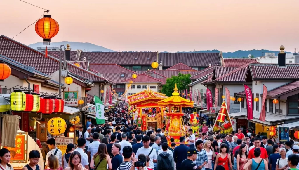 A bustling summer festival in Ōita Prefecture, Japan, with colorful lanterns and banners adorning the streets. In the foreground, a lively crowd enjoys traditional music and dance performances, while vendors sell an array of delectable local delicacies. The middle ground features a grand parade of elaborately decorated floats and costumed participants, their movements captured in a graceful blur. In the background, the iconic tiled roofs of historic buildings provide a picturesque backdrop, bathed in the warm glow of the evening sun. The scene exudes a sense of vibrant celebration, cultural heritage, and the joy of community.
