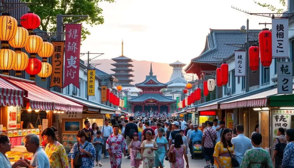 A bustling summer festival in Shiga Prefecture, Japan, with colorful lanterns and banners decorating the streets. In the foreground, people in traditional yukata stroll among food stalls, sampling local delicacies and playing carnival games. In the middle ground, a grand stage showcases lively performances of taiko drums and dance. The background reveals iconic landmarks like ancient temples and shrines, bathed in the warm glow of the setting sun. The scene is filled with a sense of energy, celebration, and the vibrant spirit of the community, capturing the essence of summer adventures during Japan's rainy season.