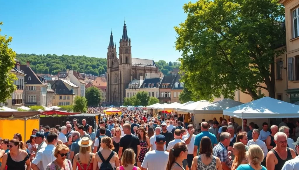 A bustling summer festival in the heart of Luxembourg City, capturing the vibrant energy and cultural heritage of the nation. In the foreground, crowds of locals and tourists mingle, enjoying traditional music, dance performances, and delectable street food. The middle ground showcases the charming historic architecture of the city, with its iconic cathedral and winding cobblestone streets. In the background, the lush green hills and azure skies provide a picturesque backdrop, infusing the scene with a sense of warmth and tranquility. Warm sunlight filters through the trees, casting a golden glow over the festive atmosphere. The overall mood is one of celebration, community, and a deep appreciation for the rich cultural tapestry of Luxembourg.