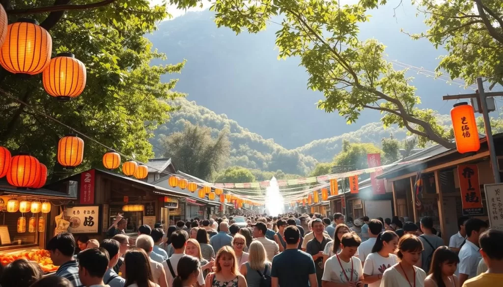 A bustling summer festival in the heart of Ōita, Japan. Crowds gather under the warm glow of paper lanterns, enjoying delectable street food and traditional dances. In the background, lush green hills rise, framing the scene with a sense of tranquility. The air is thick with the scent of incense and the laughter of revelers. Sunlight filters through the trees, casting a golden hue across the festivities. A gentle breeze rustles the colorful banners and streamers adorning the stalls, adding to the energetic atmosphere. The people of Ōita celebrate the season with vibrant culture, showcasing the region's rich heritage and lively spirit.