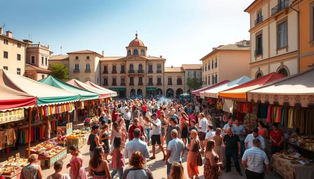 A bustling town square in Albania, bathed in warm afternoon sunlight. Colorful tents and stalls line the periphery, offering traditional handicrafts, artisanal foods, and lively music. In the center, a vibrant crowd gathers, some dancing to the rhythmic beats of local instruments, others browsing the wares on display. The architecture in the background, a blend of Ottoman and European influences, provides a picturesque backdrop, complementing the festive atmosphere. Capture the spirit of Albania's rich cultural heritage and the joy of its people as they come together to celebrate.