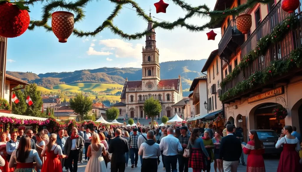 A bustling town square in Georgia (Europe), adorned with vibrant seasonal decorations. In the foreground, locals in traditional garments dance and mingle, celebrating a lively festival. The middle ground reveals a towering cathedral, its ornate architecture bathed in warm, golden sunlight. In the background, rolling hills and lush greenery create a picturesque, serene landscape. The scene captures the joyous spirit and cultural richness of Georgia's seasonal festivities, inviting the viewer to immerse themselves in the vibrant atmosphere.