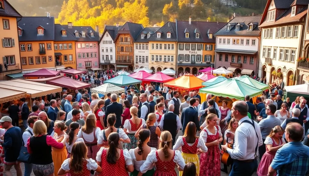 A bustling town square in Liechtenstein, filled with vibrant colors and lively festivities. In the foreground, a crowd of people dressed in traditional Liechtenstein attire dance to the rhythm of a local band playing folk music. In the middle ground, colorful tents and stalls offer an array of regional delicacies, crafts, and souvenirs. The background showcases the quaint, historic architecture of Liechtenstein, with its charming buildings and cobblestone streets bathed in warm, golden sunlight. The atmosphere is one of joyous celebration, capturing the essence of Liechtenstein's rich cultural heritage and the spirit of its renowned festivals.