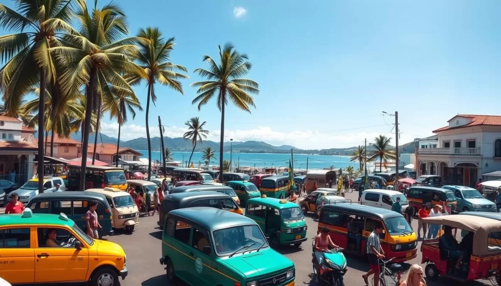 A bustling town square in San Juan del Sur, Nicaragua, on a bright, sunny day. In the foreground, local residents and tourists mingle around a mix of colorful, well-maintained taxis, buses, and rickshaws. The middle ground features a scenic beach with swaying palm trees, and in the background, a series of lush, rolling hills. The scene is captured with a wide-angle lens, creating a sense of depth and immersion. The lighting is natural and soft, casting gentle shadows and highlighting the vibrant colors of the vehicles and buildings. An atmosphere of lively activity and tropical tranquility pervades the image.