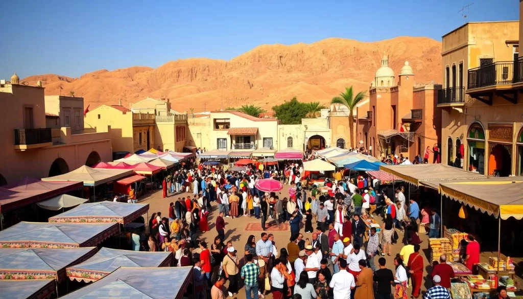 A bustling town square in Tataouine, Tunisia, during the Spring Festival. Vibrant tents and stalls line the streets, selling a colorful array of handmade crafts, traditional textiles, and fragrant spices. In the center, a lively crowd gathers around a stage, where musicians play energetic folk tunes on oud and percussion. The sun casts a warm, golden glow over the scene, highlighting the intricate architectural details of the surrounding buildings. In the background, the rugged, ochre-hued hills of the Tunisian countryside provide a picturesque backdrop. The atmosphere is one of joyous celebration, as the community comes together to welcome the new season with music, art, and shared traditions.