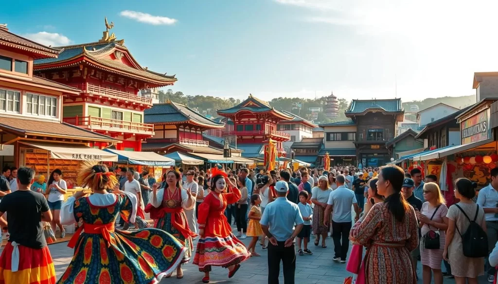 A bustling town square in the heart of Miyazaki Prefecture, local residents gathered for a vibrant festival. In the foreground, colorfully dressed dancers twirl and sway to the rhythm of traditional music, their intricate costumes and masks evoking the region's rich cultural heritage. In the middle ground, families and friends mingle, sampling delectable street food and browsing handcrafted wares at lively vendor stalls. The background is filled with ornate temples and shrines, their ancient architecture bathed in warm, golden sunlight that filters through a cloudless sky. The atmosphere is festive and joyous, capturing the essence of these lesser-known local celebrations that offer visitors a glimpse into the authentic, vibrant spirit of Miyazaki.