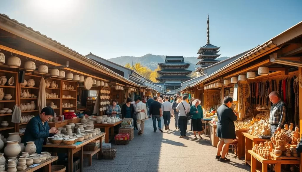 A bustling traditional crafts market in the heart of Tokushima, Japan. Wooden stalls display an array of handmade pottery, intricate textiles, and carved figurines. Artisans work diligently, showcasing their time-honored techniques. The warm sunlight filters through the canopy, casting a golden glow over the scene. Locals and tourists alike browse the vibrant displays, immersed in the rich cultural heritage of the region. In the background, the silhouettes of ancient temples and shrines suggest the deep roots of these traditions. An atmosphere of tranquility and artistry pervades the area, inviting visitors to discover the unique charm of Tokushima's timeless crafts.