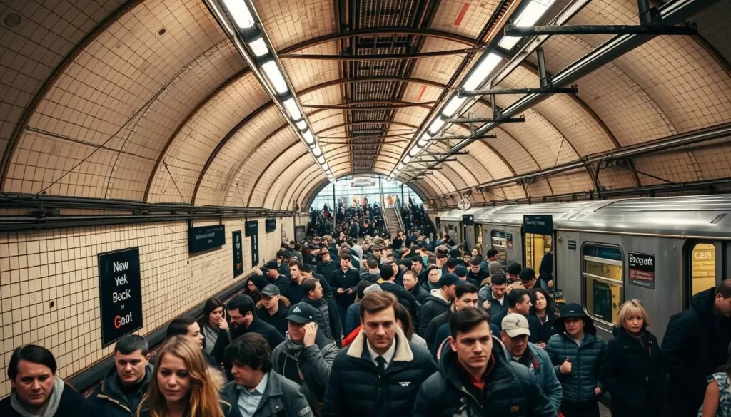 A bustling, underground scene of the iconic New York City Subway system, captured during the daytime hours. Showcase the intricate network of platforms, rails, and trains in a detailed, realistic manner. Highlight the architectural elements like tiled walls, arched ceilings, and steel support beams that create a sense of grand, industrial elegance. Depict the movement and energy of commuters rushing through the crowded passages, their expressions focused as they navigate the labyrinthine transit hub. Utilize natural, diffuse lighting to create a warm, ambient atmosphere that enhances the sense of depth and scale. Compose the image from an eye-level perspective, allowing the viewer to feel immersed in the bustling urban environment.
