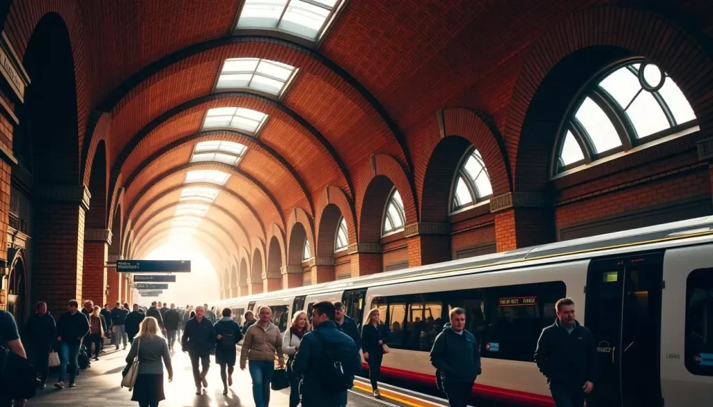 A bustling underground station in London, with rows of classic red brick archways and tiled walls. Sunlight streams through the arched windows, casting warm hues across the crowded platform. Commuters hurry along, their footsteps echoing against the high ceilings as they board the sleek, modern train carriages. The air is filled with the rumble of trains and the chatter of passengers, creating an atmospheric sense of the city's pulse. The scene captures the fascinating convergence of old and new that defines the iconic London Underground, a transportation network that has shaped the city for generations.