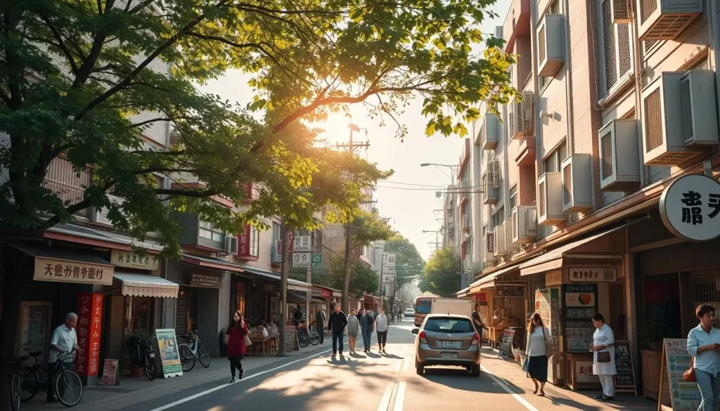 A bustling urban neighborhood in Sumida Ward, Tokyo, on a pleasant day. Capture the charming streets lined with traditional Japanese buildings, mom-and-pop shops, and locals going about their daily lives. Depict the warm, golden sunlight filtering through the lush greenery, casting soft shadows on the vibrant facades. Include details like bicycles parked outside, pedestrians strolling, and the occasional car or bus passing by. Convey a sense of tranquility and community in this well-preserved historic area. Shoot the scene with a wide-angle lens to showcase the harmonious blend of modern and vintage elements that define the unique character of Sumida's neighborhoods.