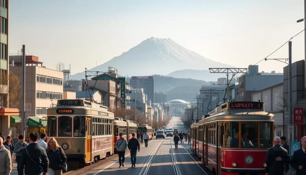 A bustling urban scene in Kōfu City, Japan. In the foreground, commuters hurry along the sidewalks, navigating through the flow of pedestrian traffic. Elegant trolley cars glide smoothly along the street, their polished exteriors catching the warm sunlight. In the middle ground, a mix of modern and traditional architecture lines the streets, creating a harmonious blend of old and new. In the background, the majestic Mount Fuji rises, its snow-capped peak visible through the hazy sky. The atmosphere is one of vibrant activity, as the city comes alive with the sounds of transportation and the energy of its inhabitants.