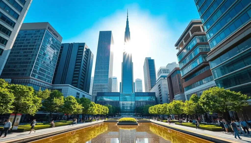 A bustling urban scene of Tokyo Midtown, a modern architectural marvel in the heart of Roppongi. Towering glass and steel skyscrapers rise gracefully against a bright, azure sky. The sun's warm rays illuminate the lush, manicured gardens and public spaces below, where people stroll leisurely, pausing to admire the stunning blend of contemporary design and traditional Japanese elements. In the foreground, a reflecting pool mirrors the sleek, geometric facades, creating a serene, contemplative atmosphere. The middle ground features the iconic Midtown Tower, its soaring height a testament to the district's dynamic energy and forward-thinking vision. Surrounding the central complex, bustling streets are lined with high-end boutiques, cafes, and cultural institutions, inviting visitors to explore the best of Roppongi's vibrant, cosmopolitan vibe.