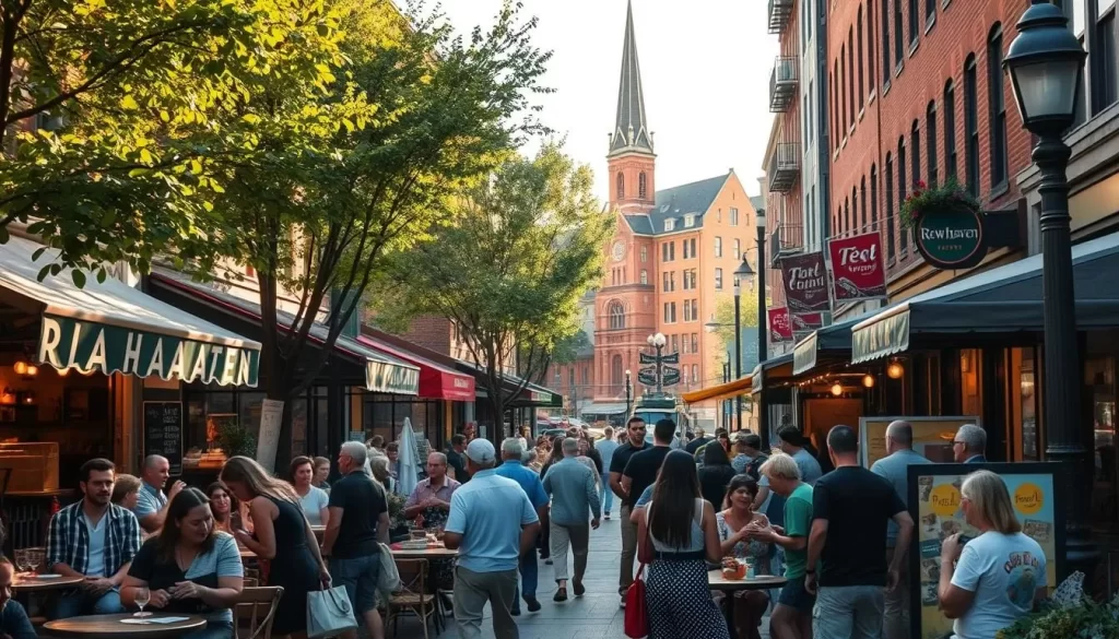 A bustling urban street in downtown New Haven, Connecticut, lined with diverse restaurants, cafes, and food vendors. Warm sunlight filters through the tree-lined sidewalks, casting a vibrant glow on the lively outdoor dining scene. In the foreground, people savor an array of cuisines, from wood-fired pizza to steaming bowls of ramen, celebrating the city's culinary diversity. Farther back, historic brick buildings and a towering church steeple form the atmospheric backdrop, hinting at New Haven's rich cultural heritage. Crisp, high-resolution photography captures the energy and liveliness of this dynamic food scene, inviting viewers to explore the delectable delights beyond the city's renowned pizza.