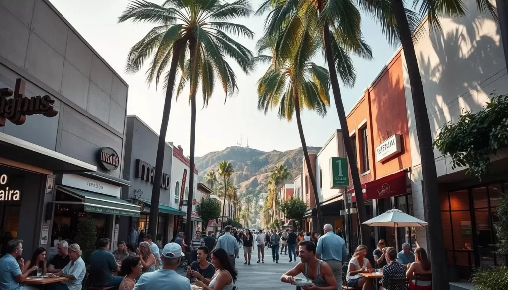 A bustling urban street in the heart of Los Angeles, lined with thriving vegan restaurants. Sunlight filters through towering palm trees, illuminating the vibrant storefronts and lively pedestrian traffic. In the foreground, a group of diners enjoy a plant-based feast al fresco, their expressions radiating contentment. The middle ground showcases the diverse architectural styles of the buildings, from sleek modern eateries to cozy, rustic cafes. In the distance, the iconic Hollywood Hills provide a scenic backdrop, hinting at the city's rich culture and burgeoning plant-based movement. The atmosphere is one of urban energy, environmental consciousness, and a joyful embrace of a sustainable, compassionate lifestyle.